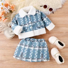 2 Pieces Set Baby Girls Checked Jackets Outwears And Skirts Wholesale 24011124