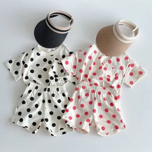 2 Pieces Set Baby Kid Girls Polka dots Tops And Shorts Wholesale 24030124