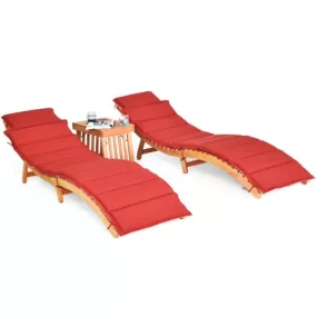 3 Pieces Folding Patio Eucalyptus Wood Lounge Chair Set with Foldable Side Table