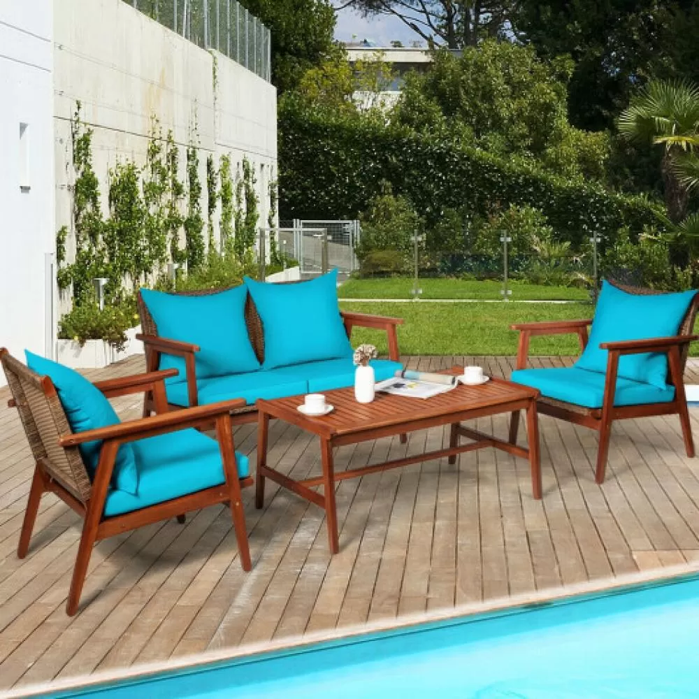 4 Piece  Acacia Wood Patio Rattan Furniture Set-Navy