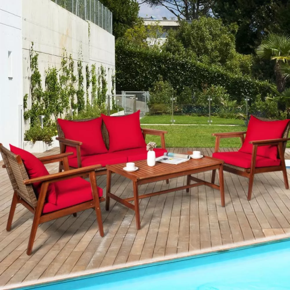 4 Piece  Acacia Wood Patio Rattan Furniture Set-Navy