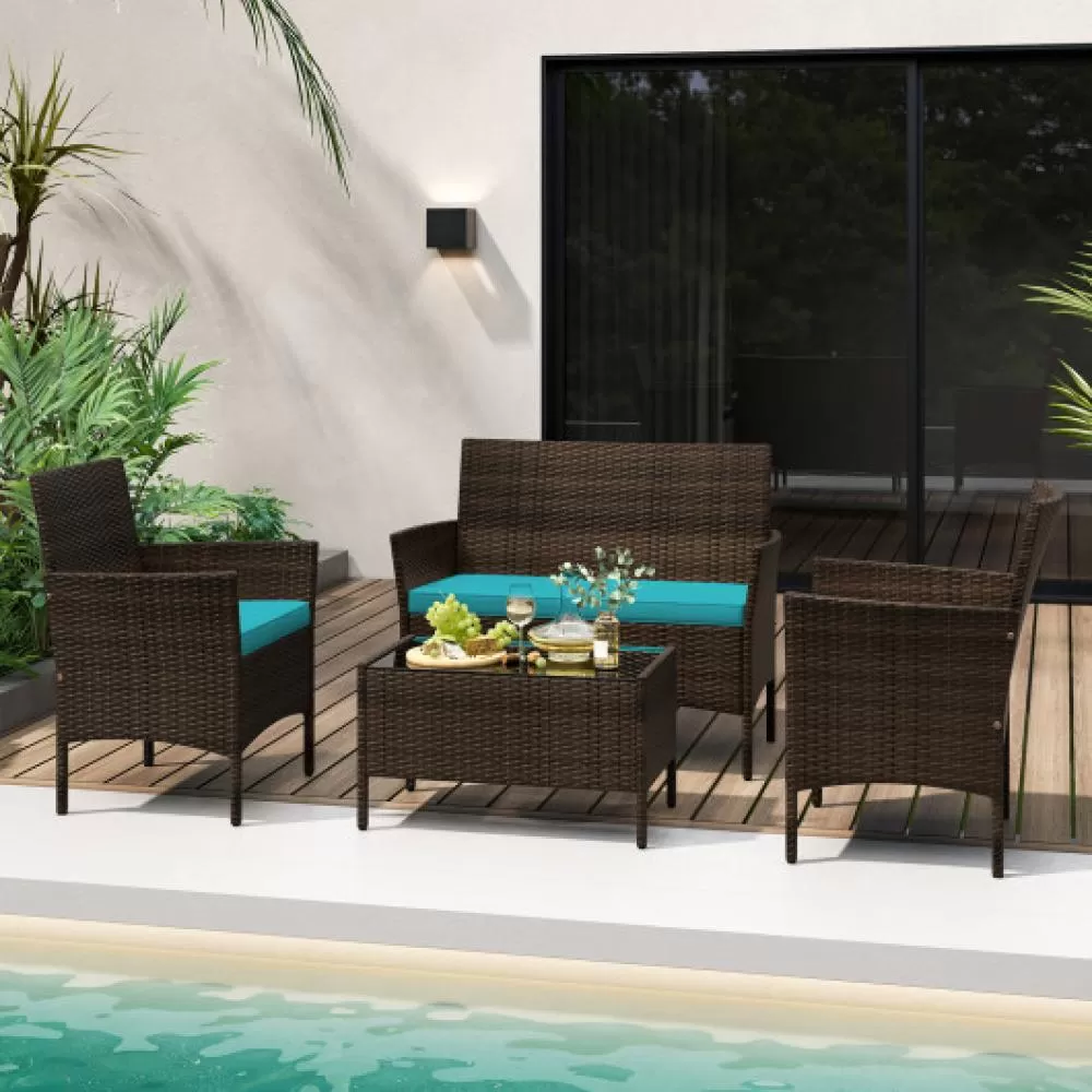 4 Piece Patio Rattan Conversation Set with Cozy Seat Cushions-Navy