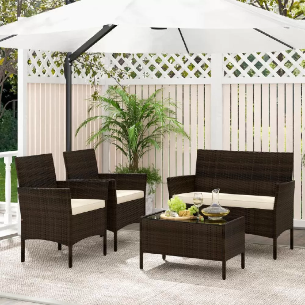 4 Piece Patio Rattan Conversation Set with Cozy Seat Cushions-Navy