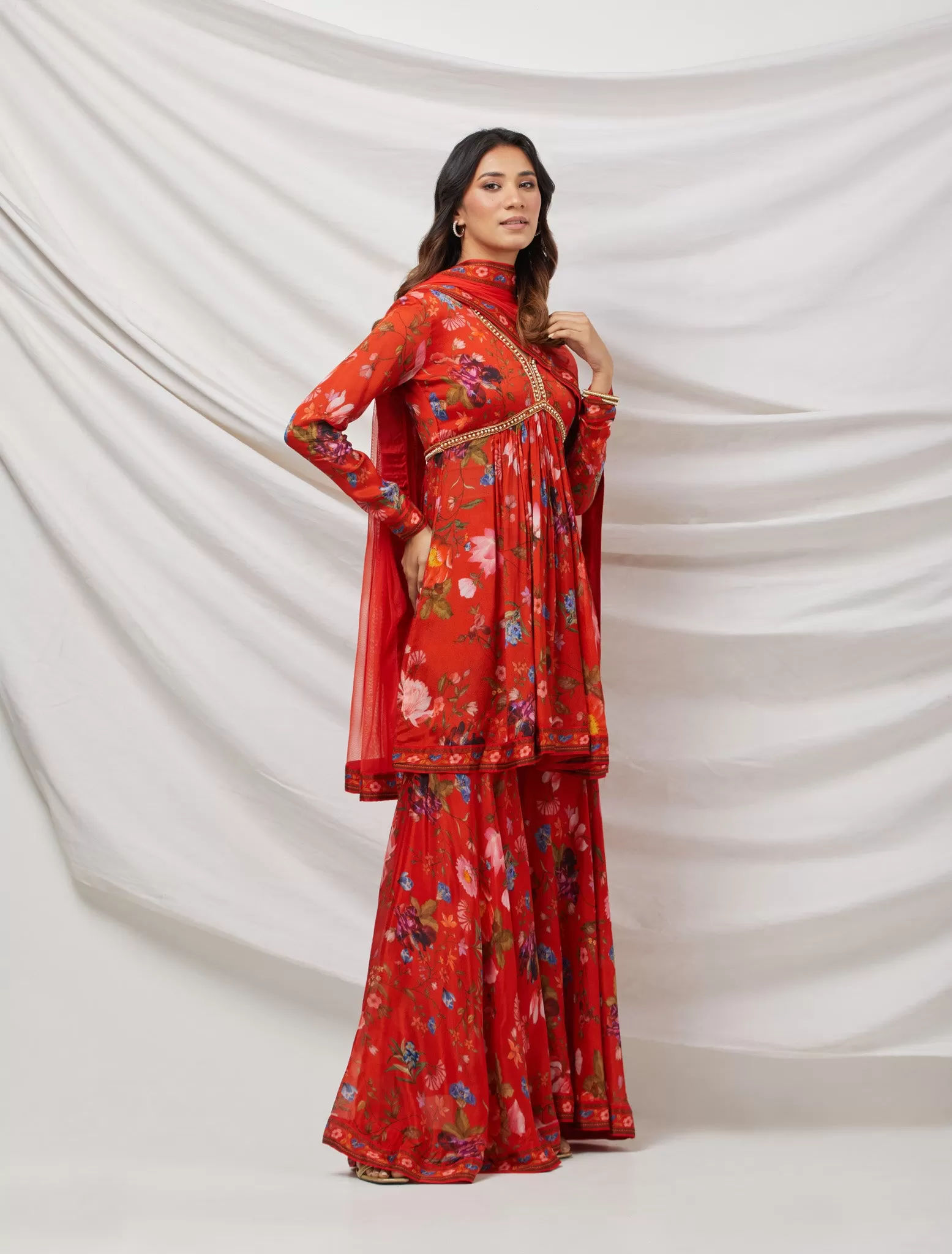 50Z874-RO Red Floral Embroidered Silk Sharara Suit Set