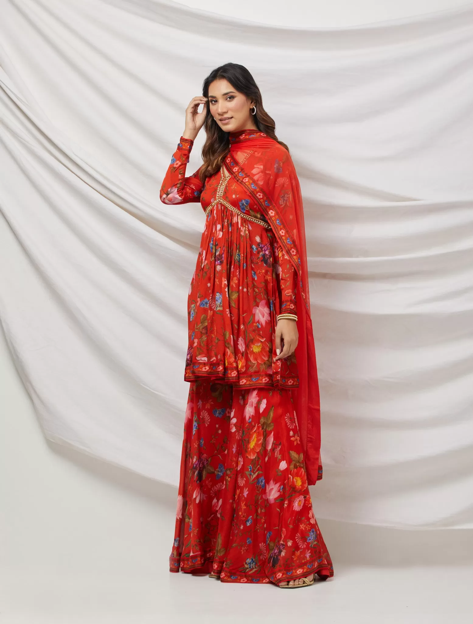 50Z874-RO Red Floral Embroidered Silk Sharara Suit Set