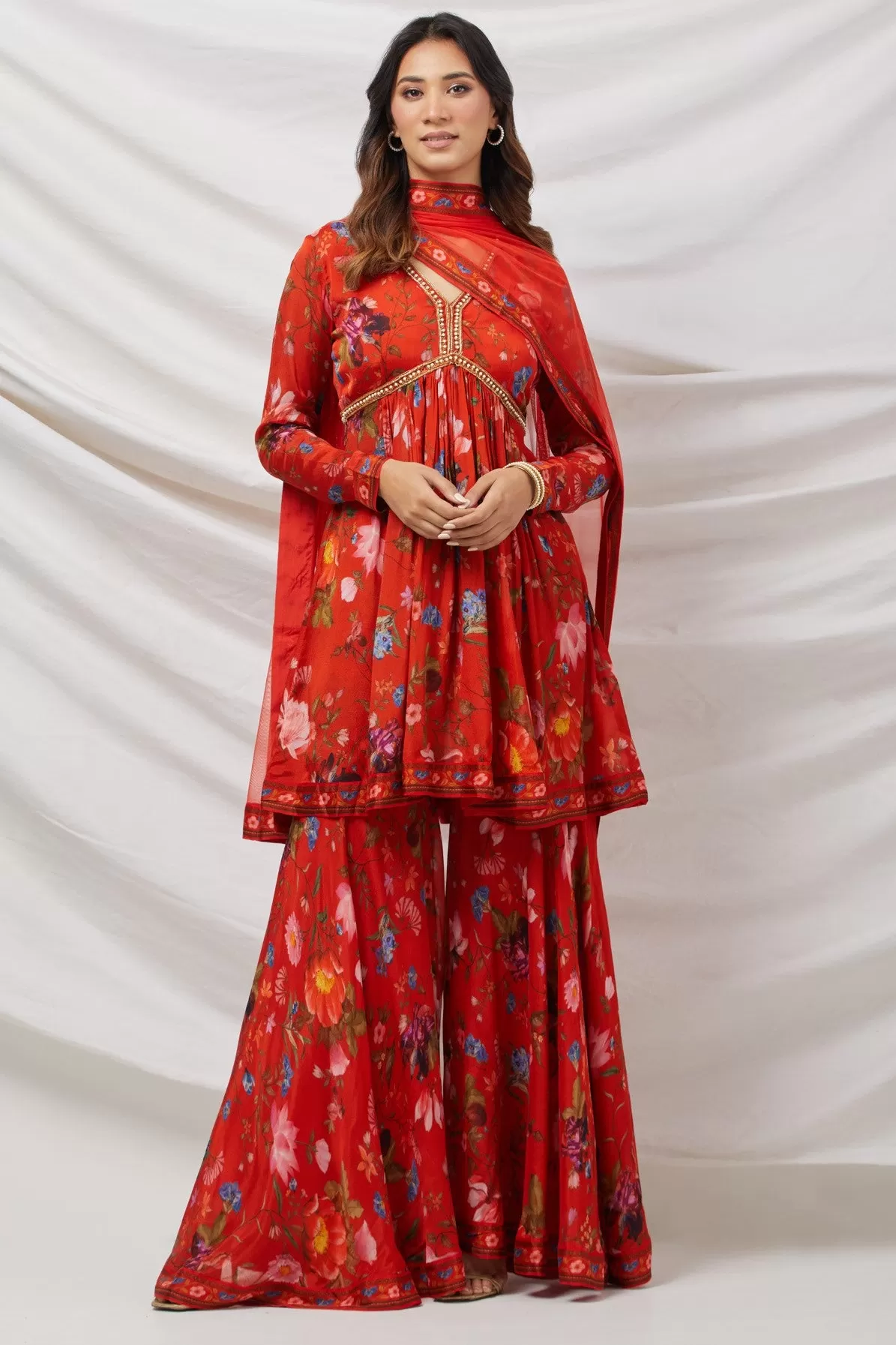 50Z874-RO Red Floral Embroidered Silk Sharara Suit Set