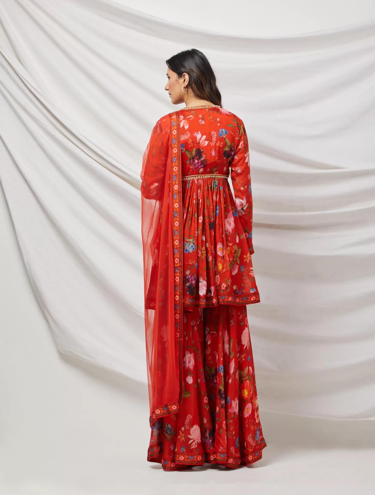 50Z874-RO Red Floral Embroidered Silk Sharara Suit Set