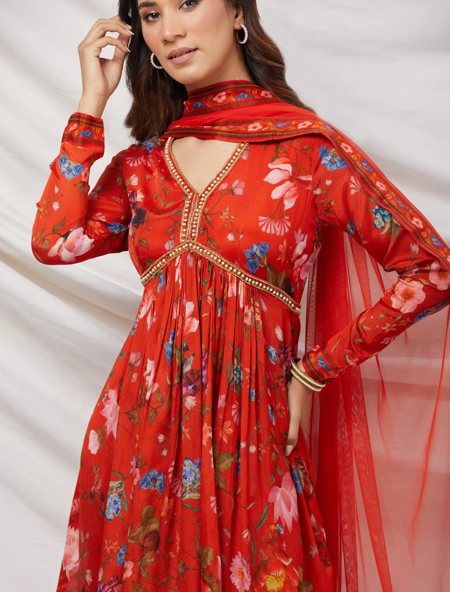 50Z874-RO Red Floral Embroidered Silk Sharara Suit Set