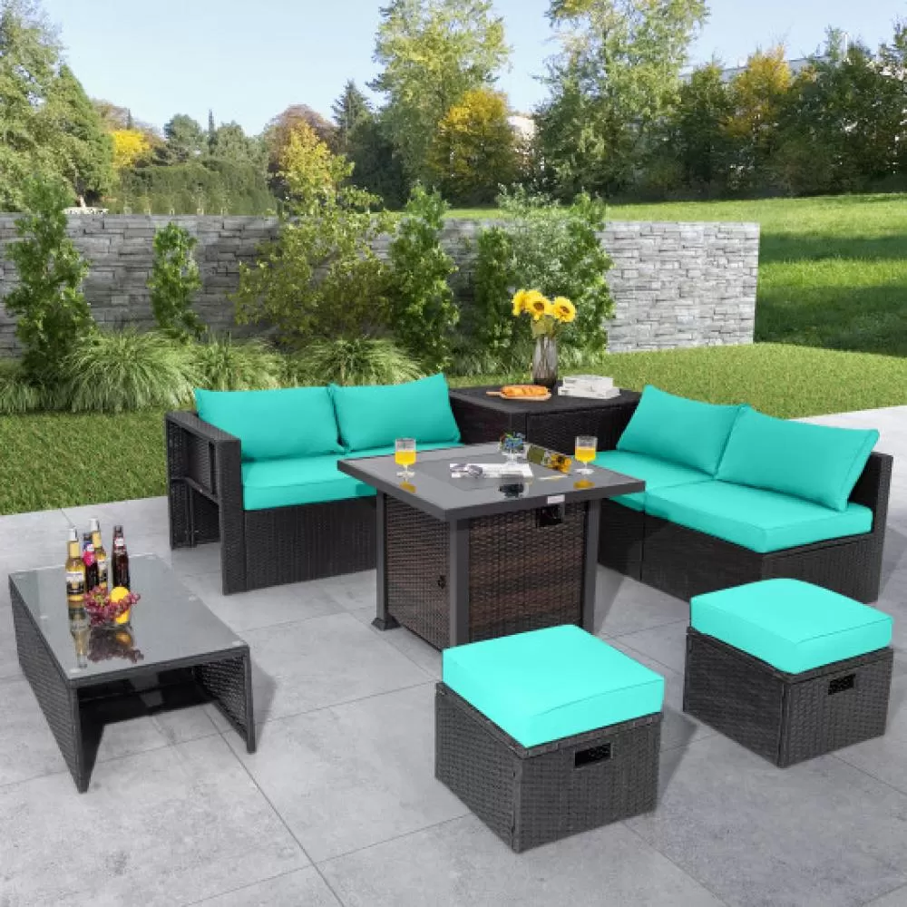 9 Pieces Patio Furniture Set with 32 Fire Pit Table and 50000 BTU Square Propane Fire Pit-Turquoise