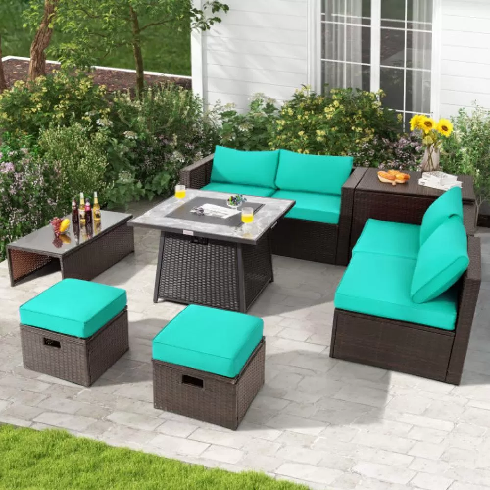 9 Pieces Patio PE Wicker Sectional Set with 50000 BTU Fire Pit Table-Gray