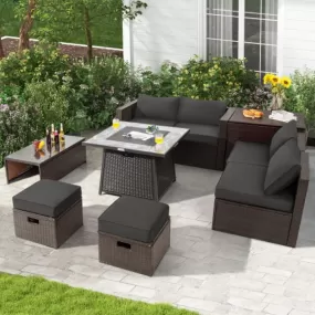 9 Pieces Patio PE Wicker Sectional Set with 50000 BTU Fire Pit Table-Gray