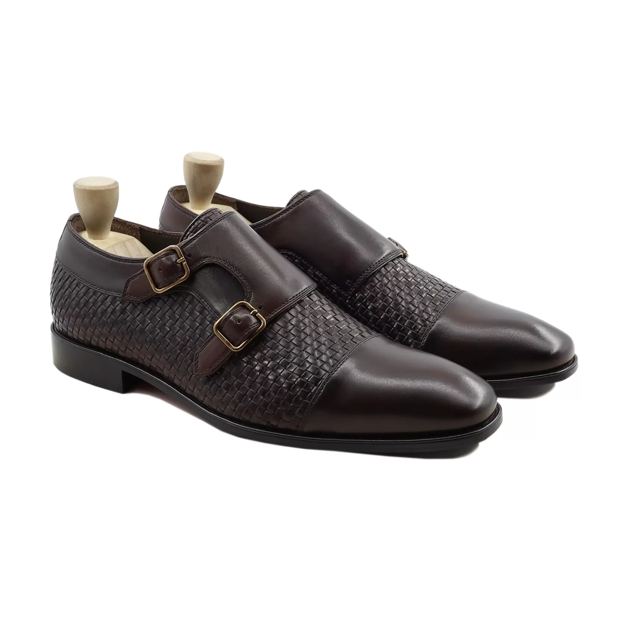 Alingsas - Men's Dark Brown Calf and Hand Woven Leather Double Monkstrap