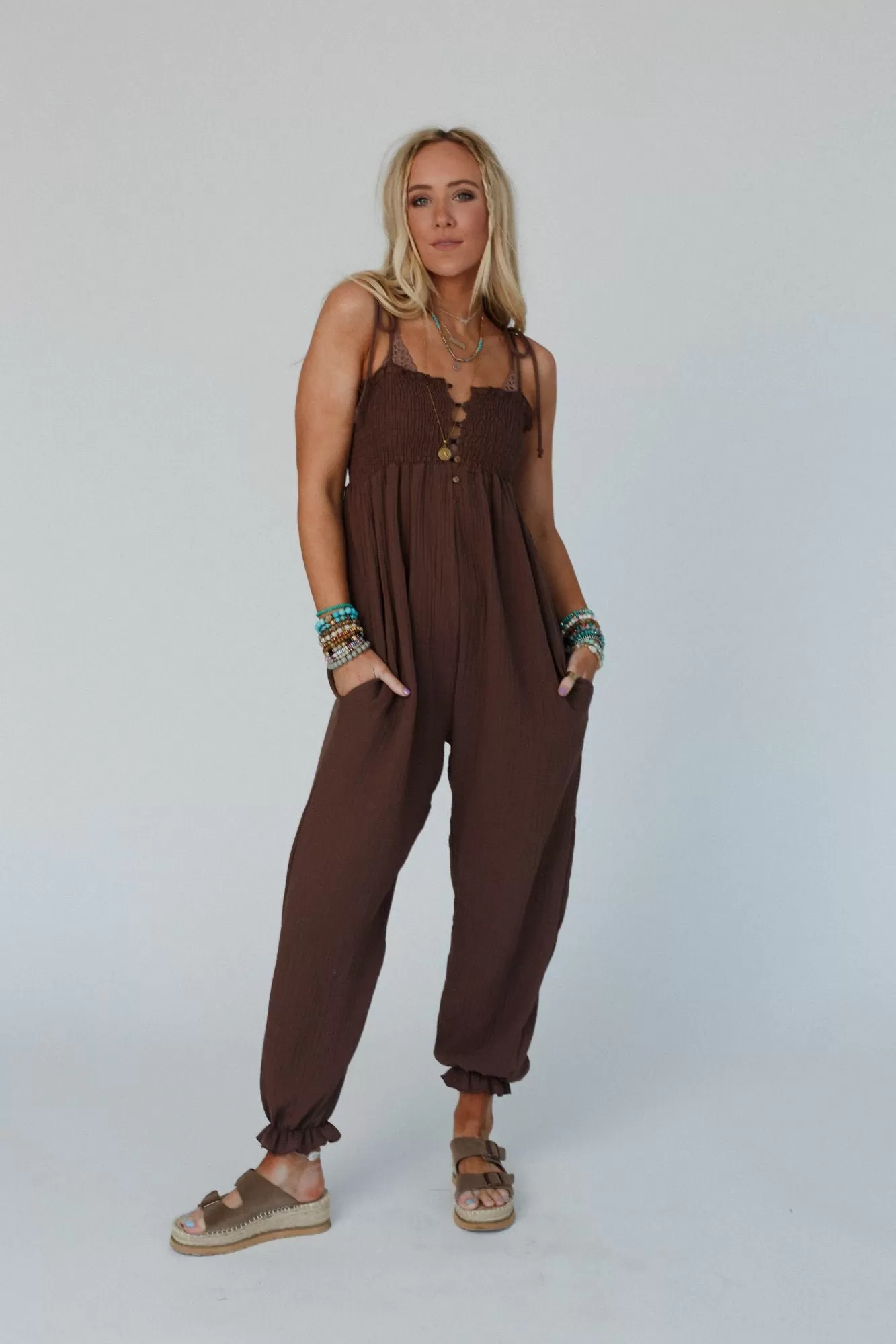 Casual Allure Smocked Jumpsuit - Brown