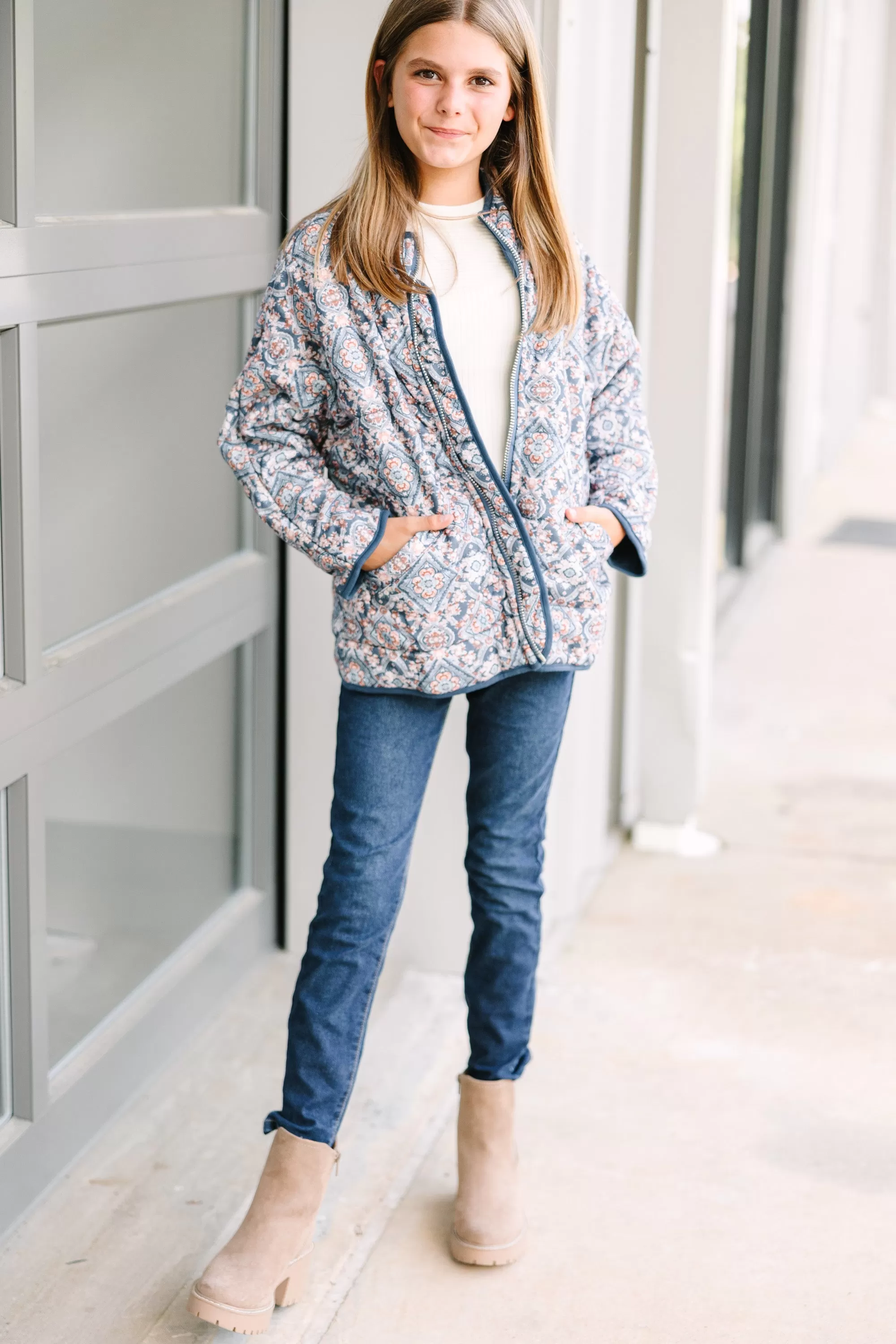 Girls: See It Through Blue Paisley Quilted Jacket