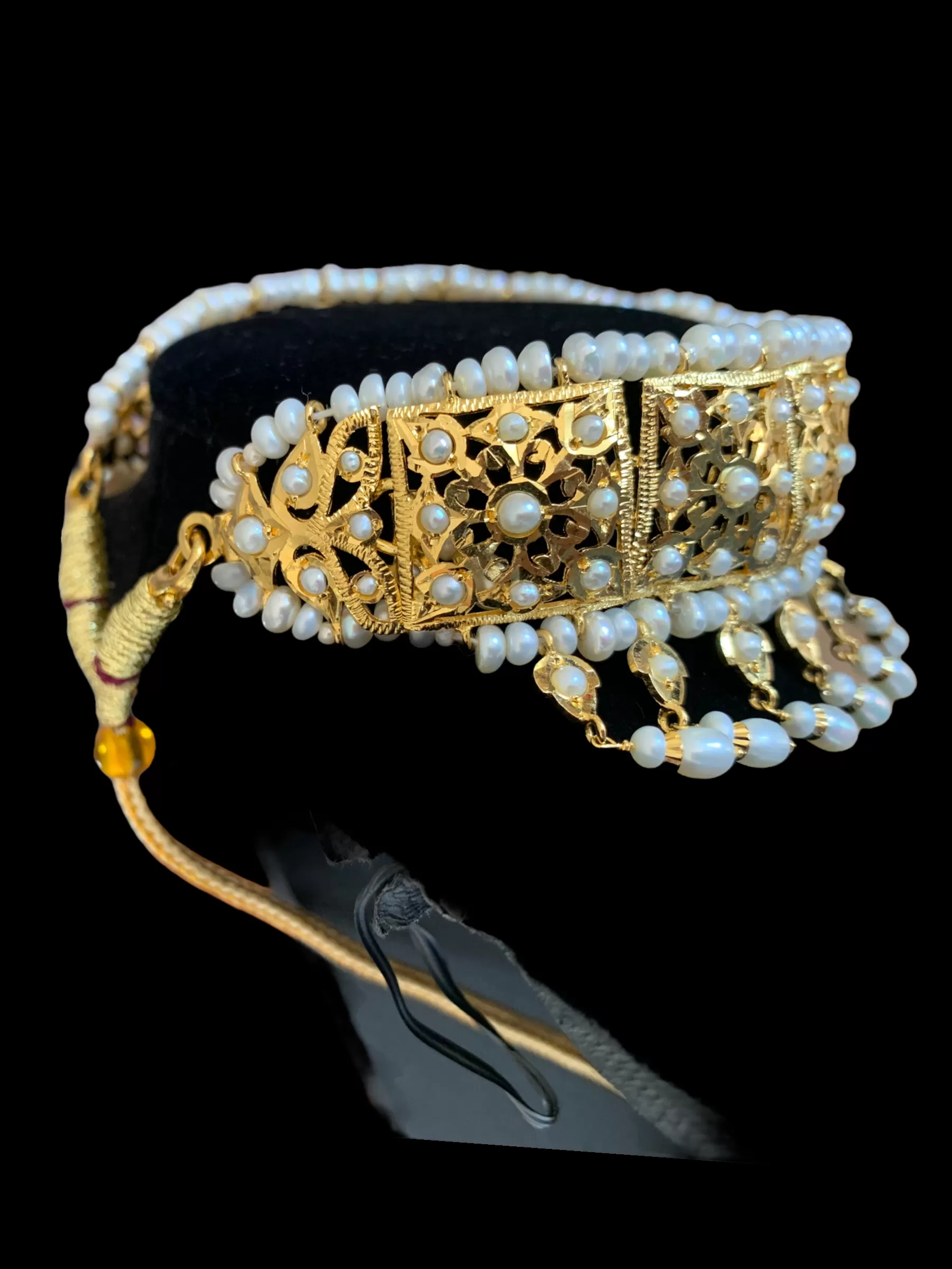 Gold plated silver jadavi choker with jhumka in fresh water pearls ( SHIPS IN 5 WEEKS )