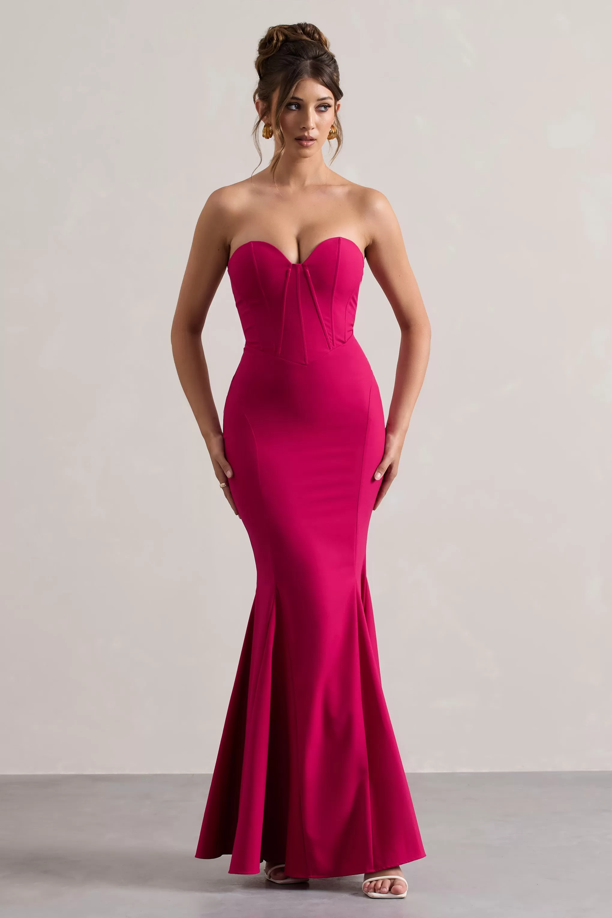 Idyllic | Hot Pink Strapless Corset Style Fishtail Maxi Dress