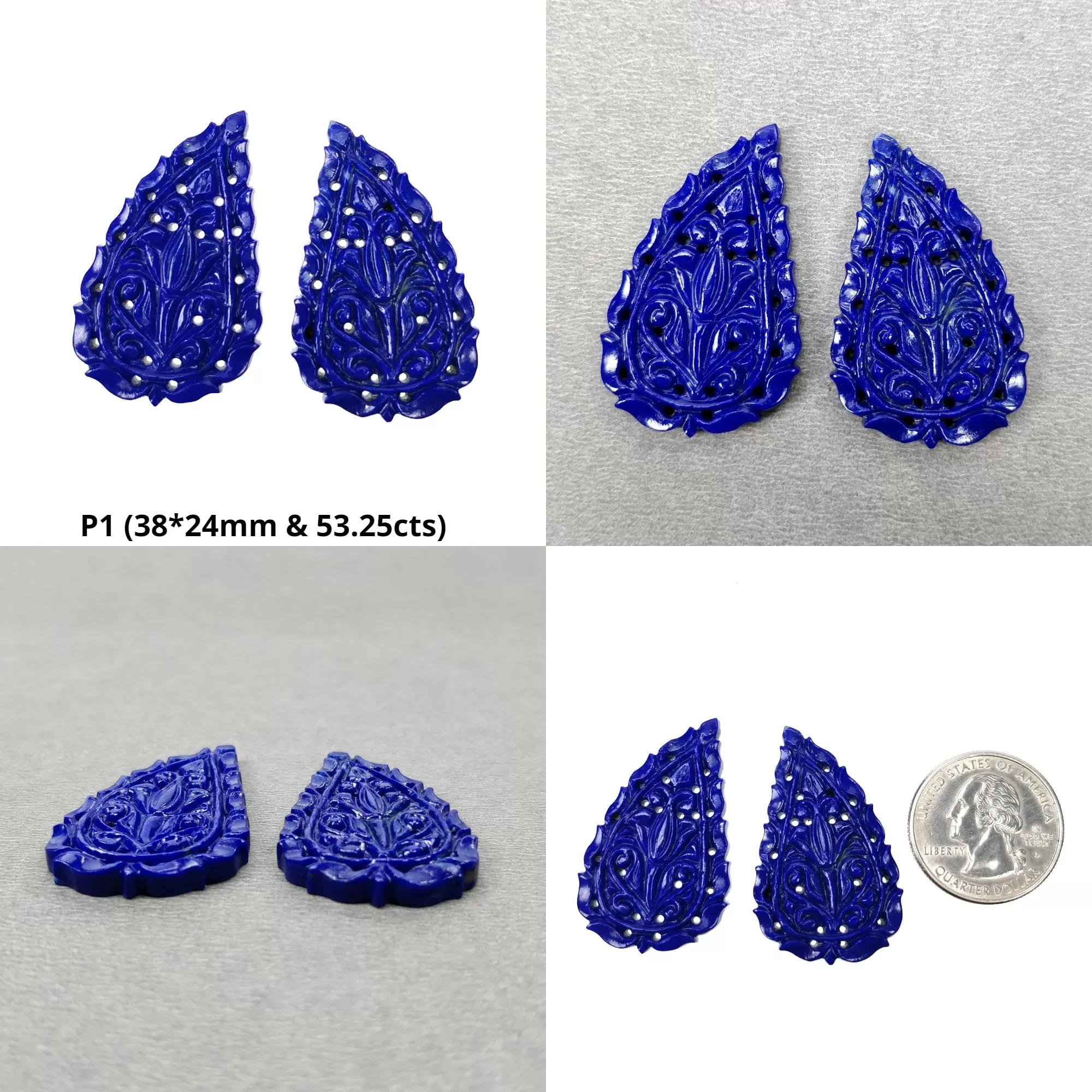 LAPIS LAZULI Gemstone Carving : Natural Untreated Blue Lapis Hand Carved Pear Shape Pairs