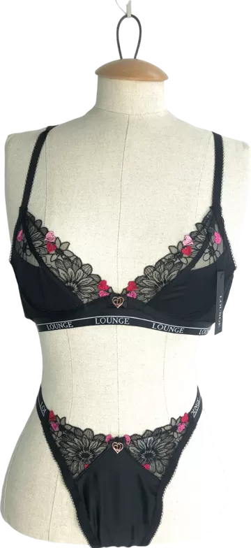 Lounge Underwear Black Zalia Plunge Bra 32a & Thong UK M