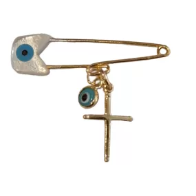 Milos Cross Baby Pin Gold Blue Evil Eye