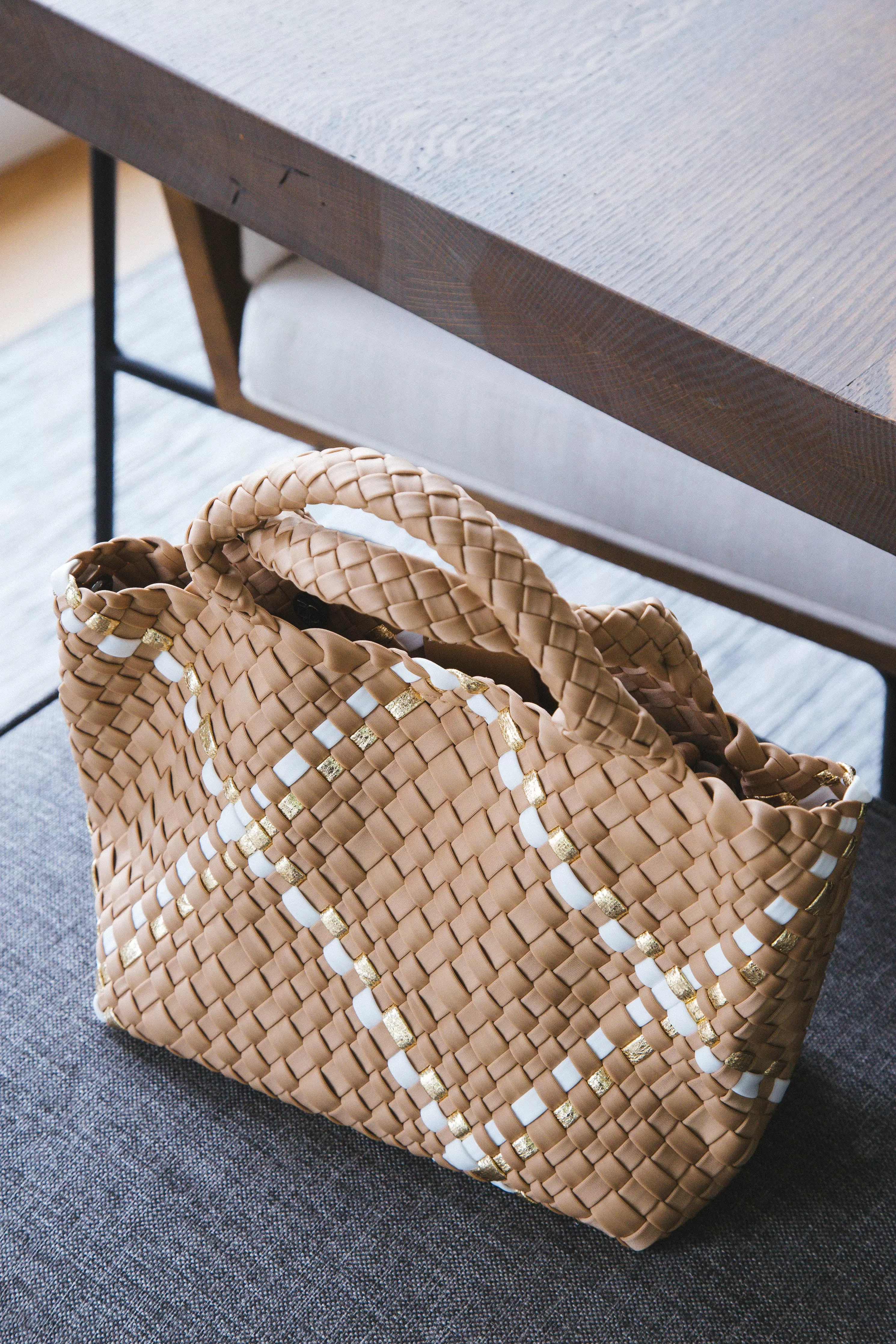 Neoprene Woven Metallic Tote Bag, Taupe