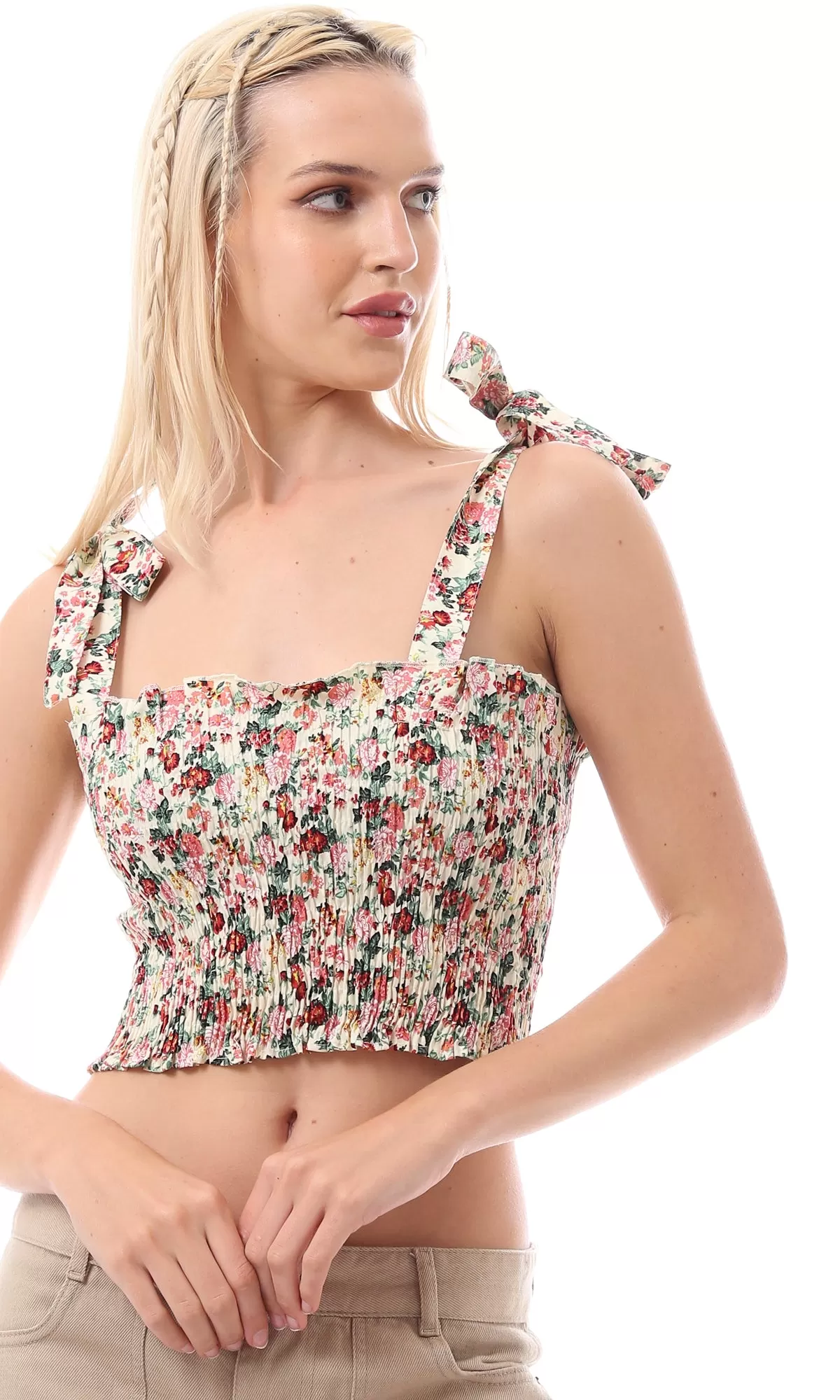 O167898 Lace Up Sleeves Beige Floral Crop Top