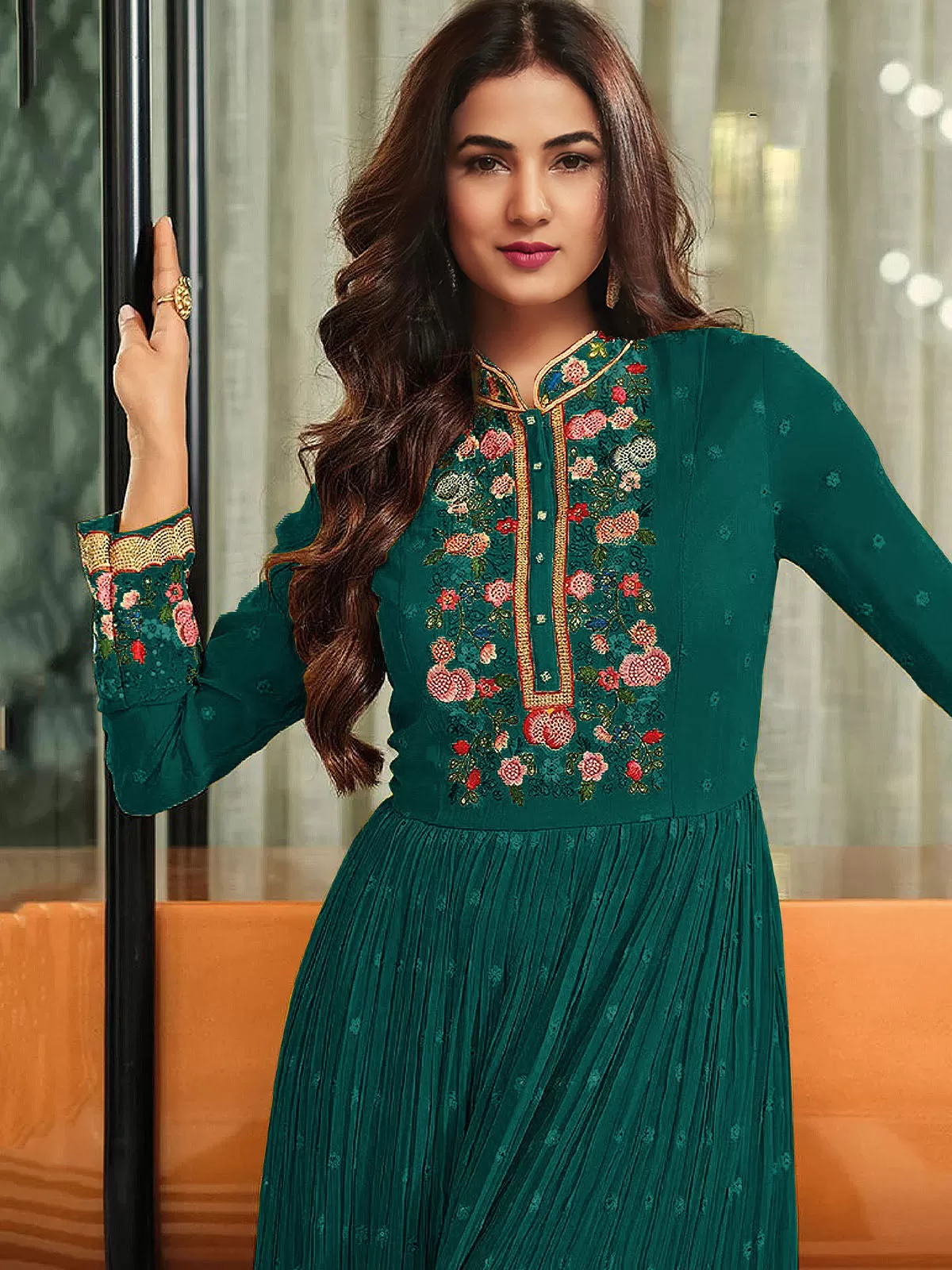 Odette Women Faux Georgette Party Wear Salwar Kameez In Teal Semi Stitched Anarkali