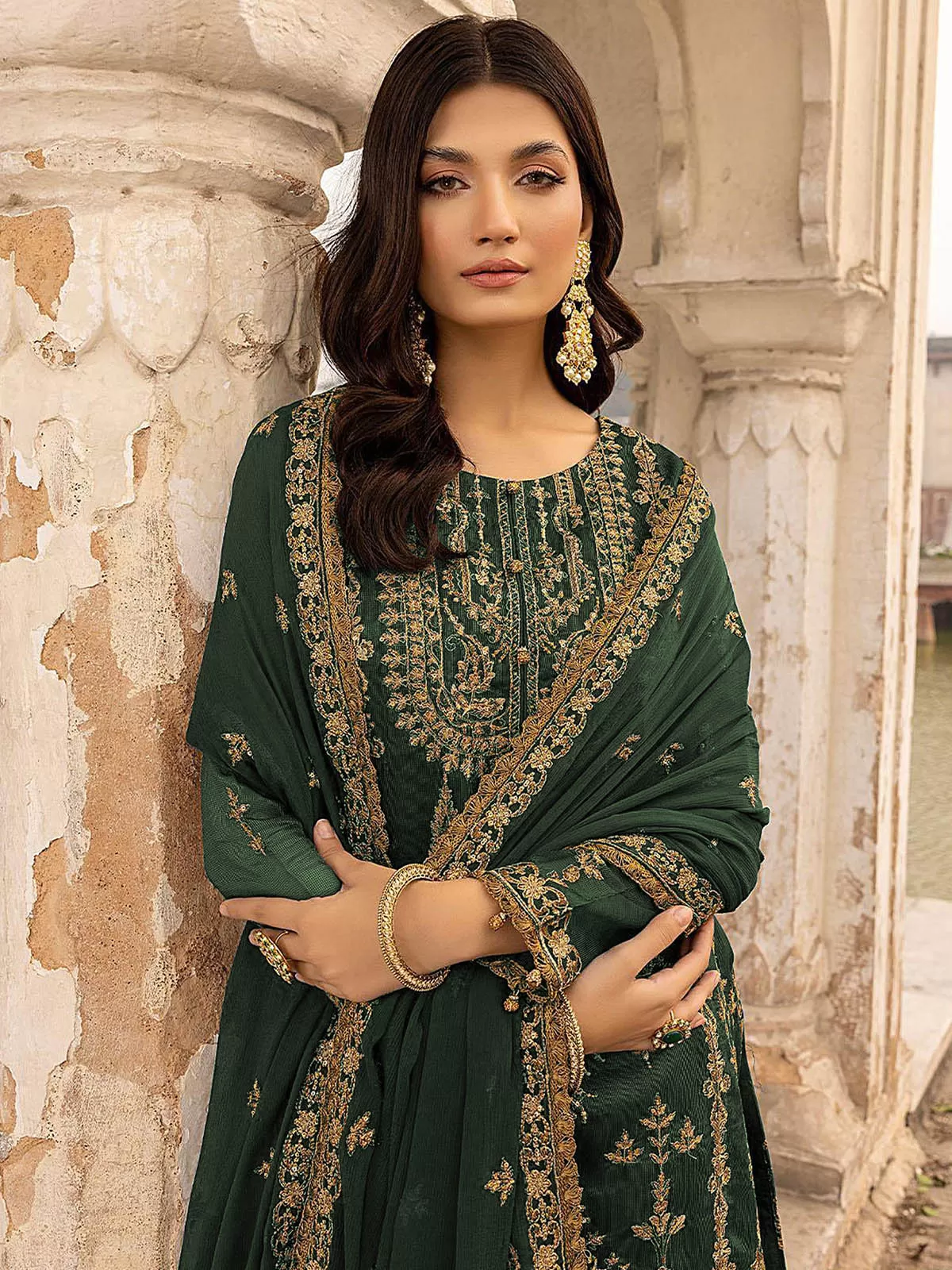 Odette Women Green Embroidered Georgette Semi Stitched Salwar Suit