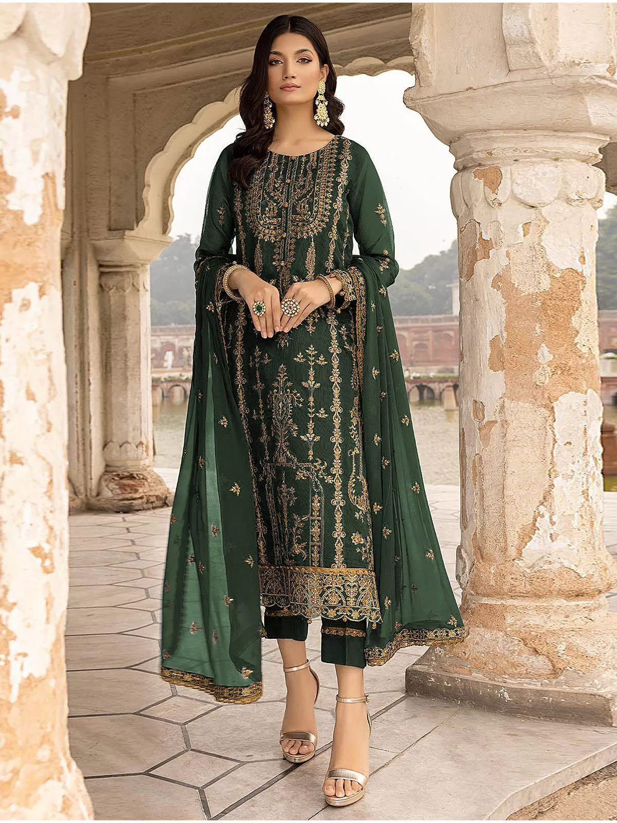 Odette Women Green Embroidered Georgette Semi Stitched Salwar Suit