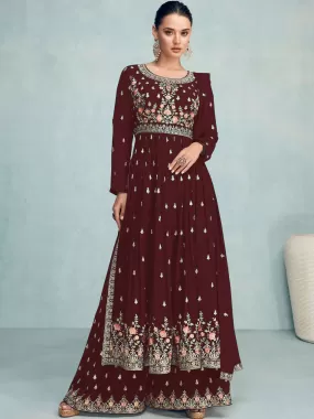 Odette Women Maroon Faux Georgette Embroidered Semi Stitched Palazzo Suit