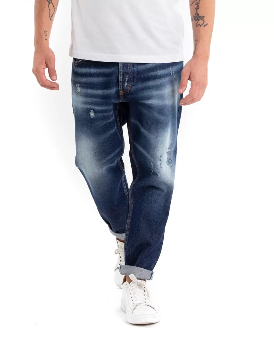 Pantaloni Jeans Uomo Loose Fit Denim Scuro Con Rotture Stone Washed GIOSAL-P5446A