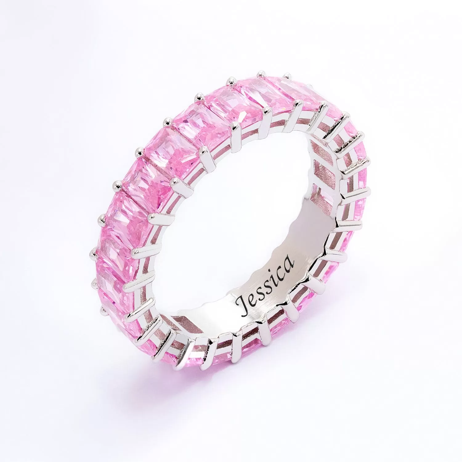 Pink Engraved Personalized Cubic Zirconia Ring