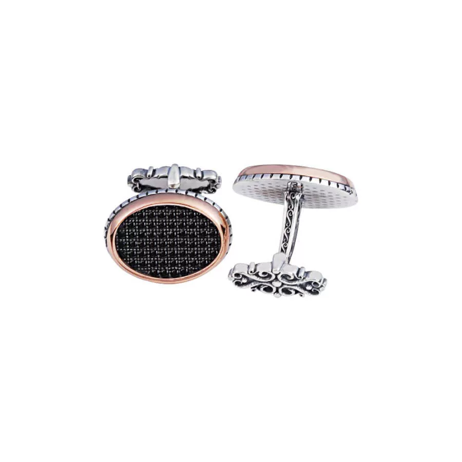 Silver Black Zircon Stone Oval Design Cufflink