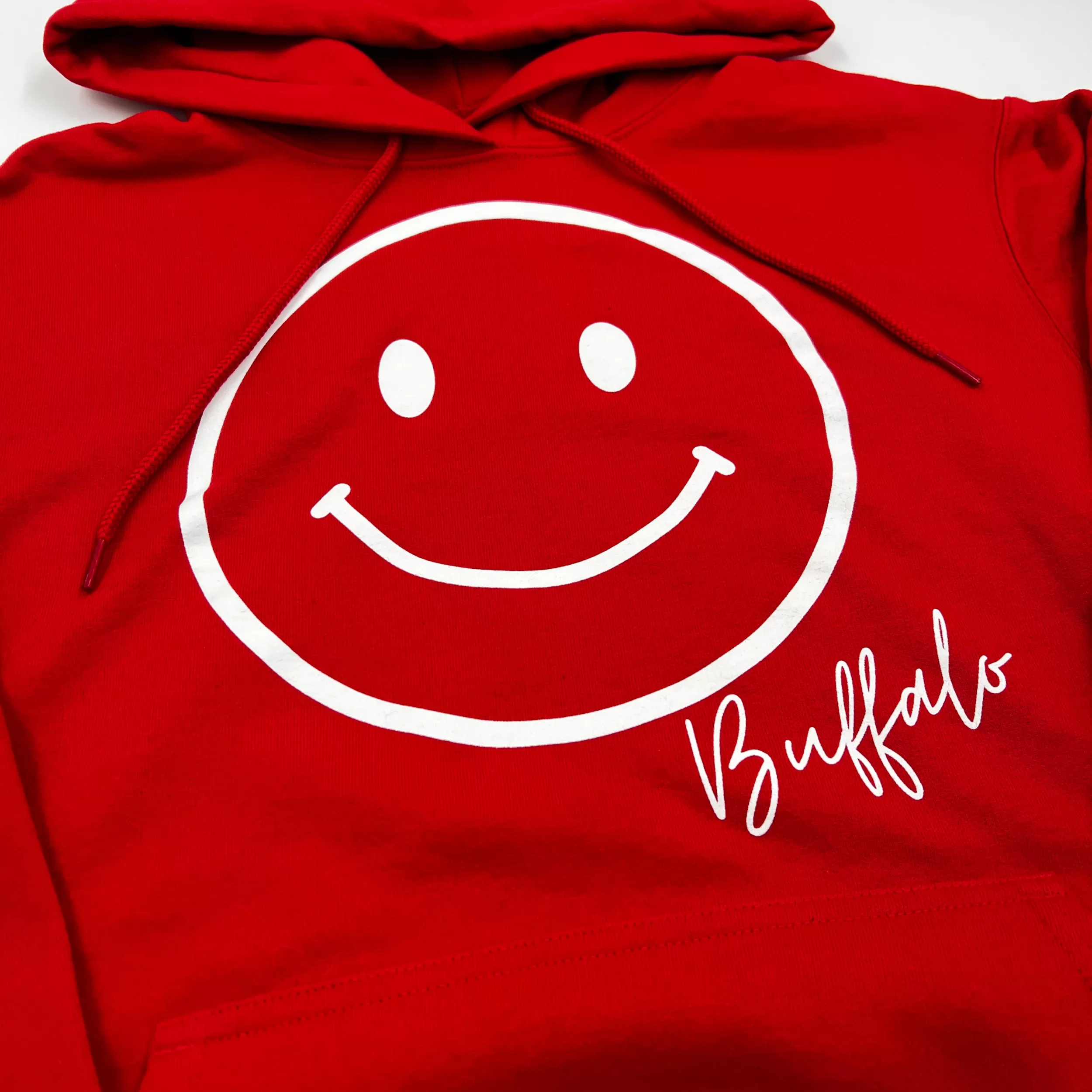 Smiley Face With Buffalo Wordmark Red Hoodie