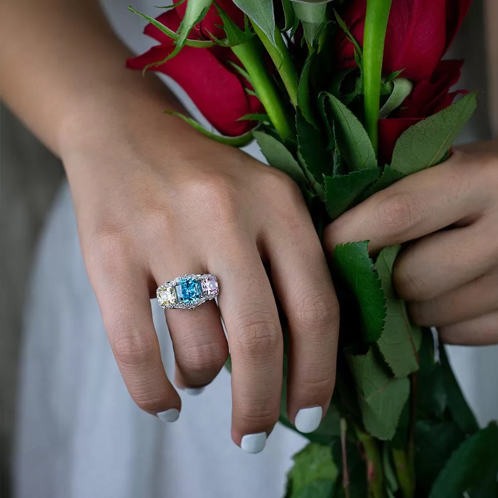 Three Stone With Three Color 925 Sterling Silver Ring