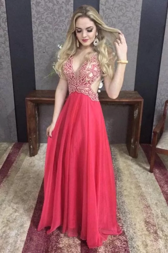 V-Neck Chiffon Long Prom Dresses With Beaded, A-line Evening Dresses