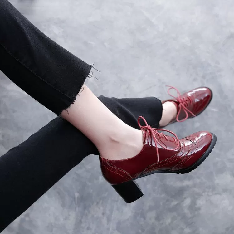 Women Lace Up Carved Block Heel Platform OXford Shoes